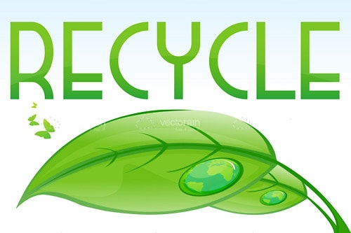 Recycle Text with Green Leaves and Water Drops